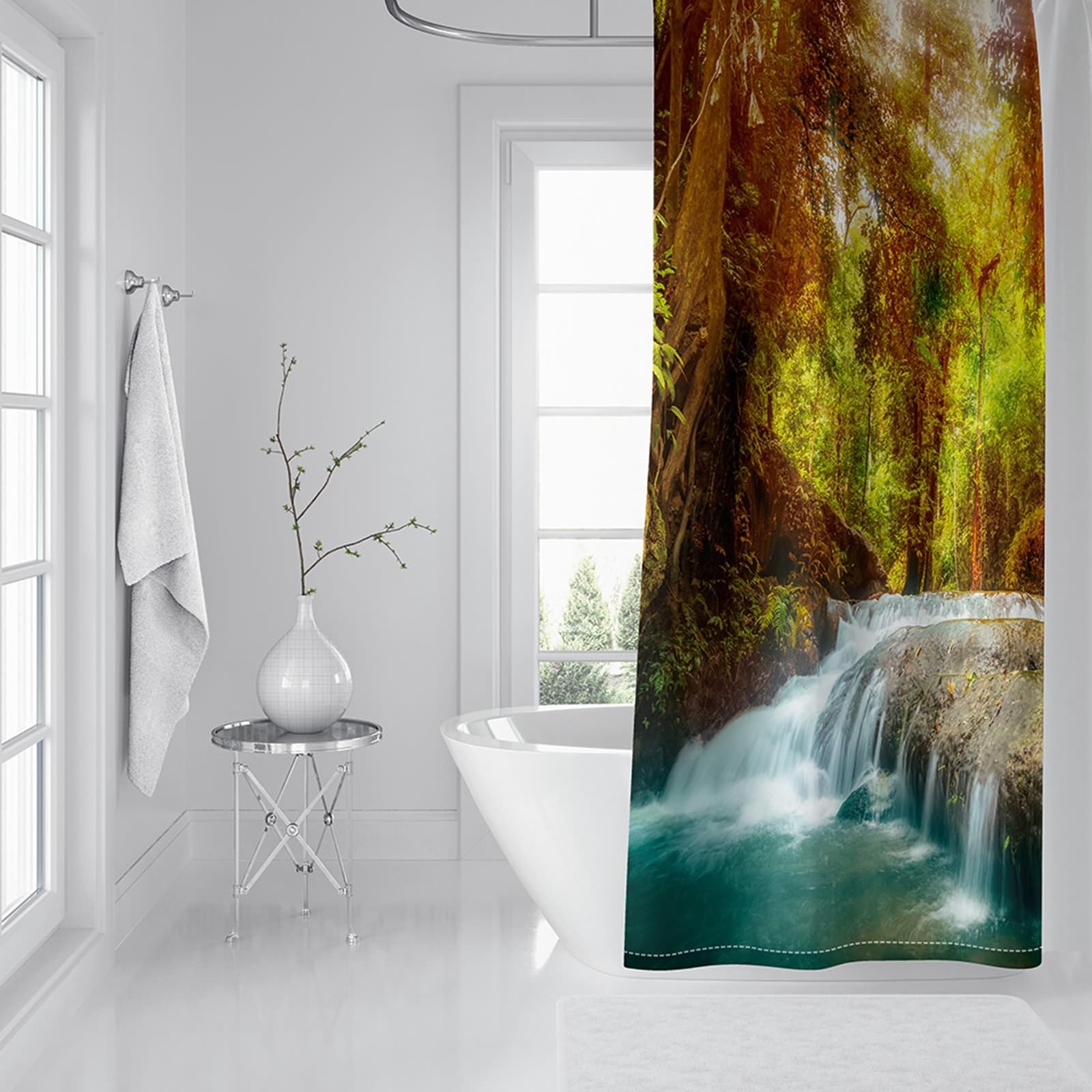 Zasłona prysznicowa do łazienki, poliester zielony biały krajobraz wodospadu dżungli zasłony łazienkowe z plastikowymi haczykami, 165 x 180 cm