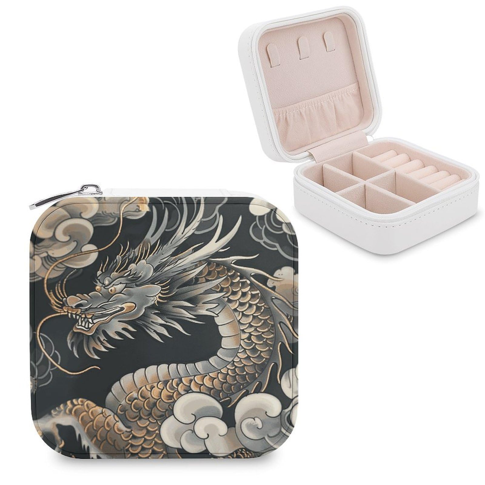 FekiLoot Black Oriental Dragon Jewelry Case Personalized Leather Jewelry Box Mini Travel Jewelry Case Small Portable Jewelry Organizer for Ring Earrings Necklace Bracelet