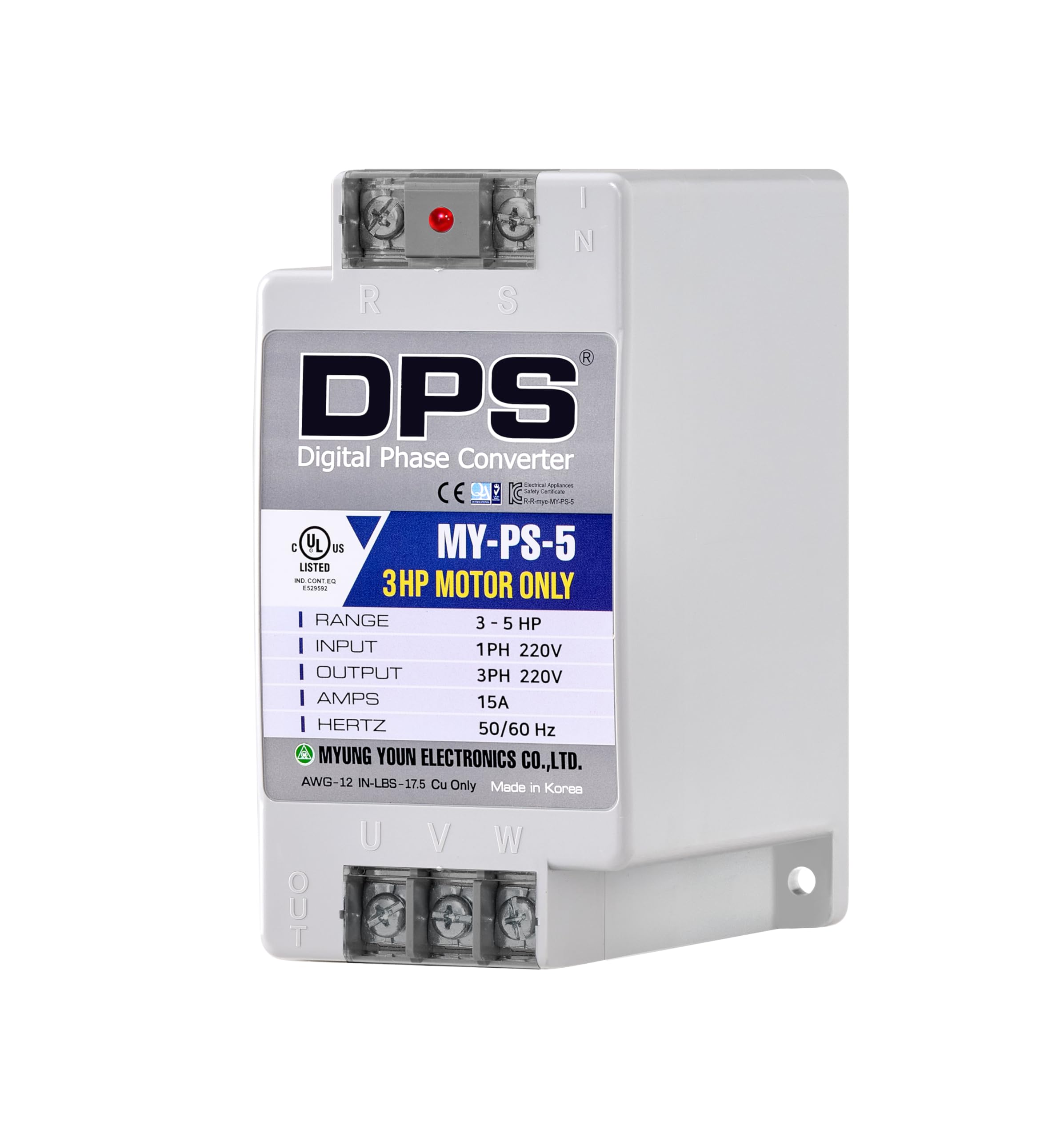 DPS Sinlge Phase to 3 Phase Converter, 5HP, 15A, Input/Output 200V - 240V My-PS-5 Model Must Be Used for 3HP(2.2kW) 9A Motor, DPS Must Be Used for 1