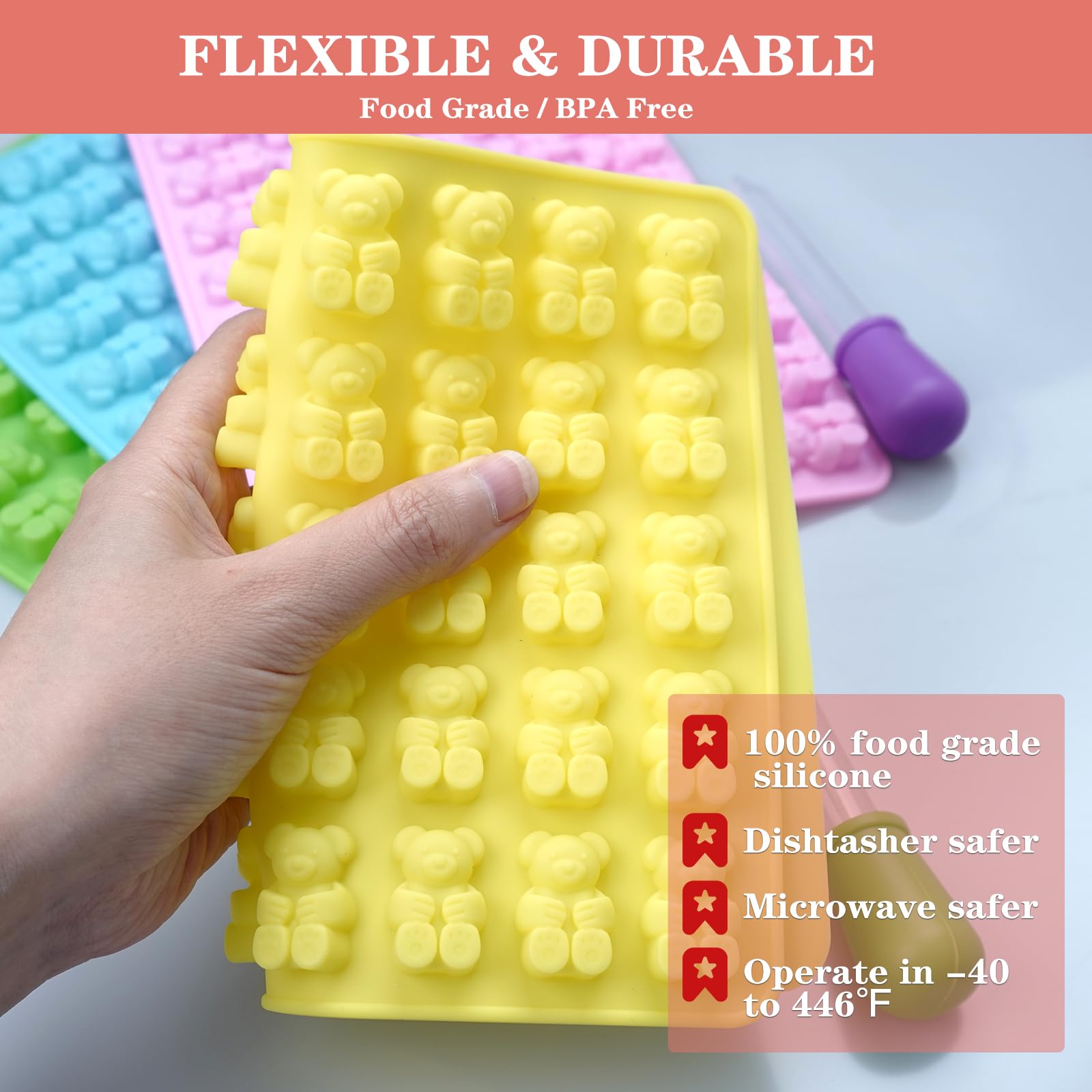 Moldes grandes de gomitas para caramelos, moldes para gomitas de chocolate y caramelos, moldes de silicona premium, paquete de 4 con 2 cuentagotas