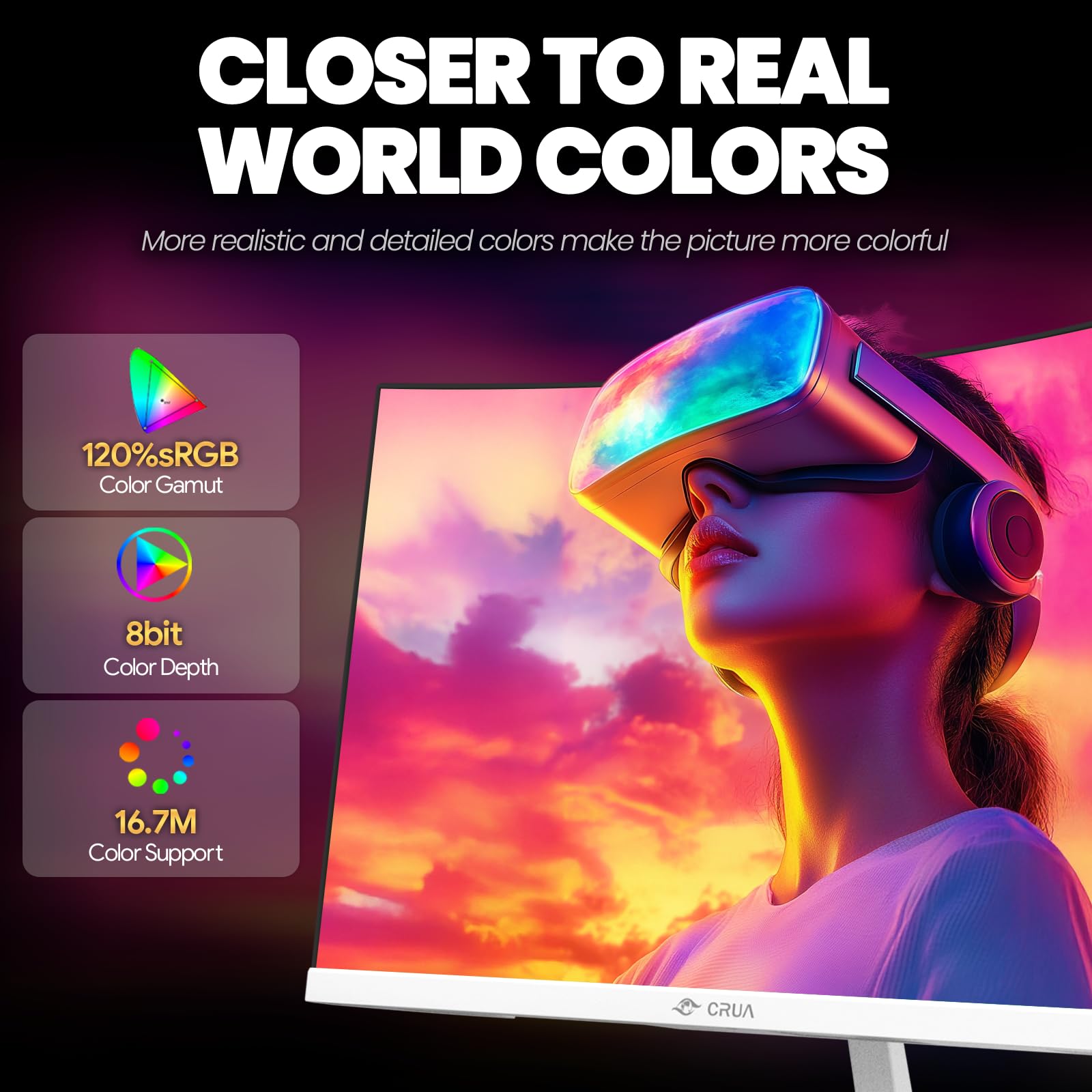 CRUA 24" zakrzywiony monitor gier, 165 Hz/200 Hz, FHD 1920 x 1080, 99% sRGB, AMD FreeSync, filtr światła niebieskiego, do gier i biura, montaż ścienny - biały