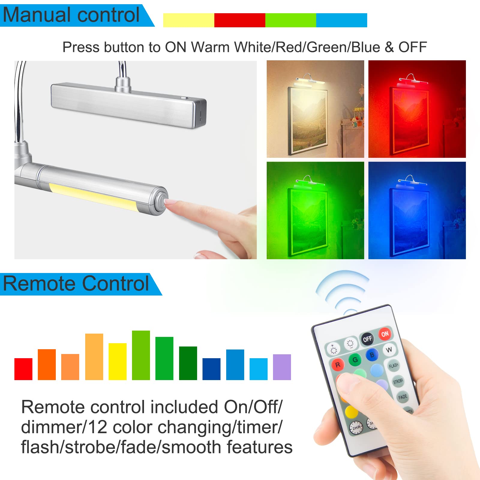 HONWELL Drahtlose Bilderleuchte LED, Bilderlampe mit Fernbedienung,Drehbarer LED Lichtkopf mit Timer 180° Schwenkarm Wiederaufladbare Dart beleuchtung Kabellos Malleuchte zum Malen von Bildern,Silber
