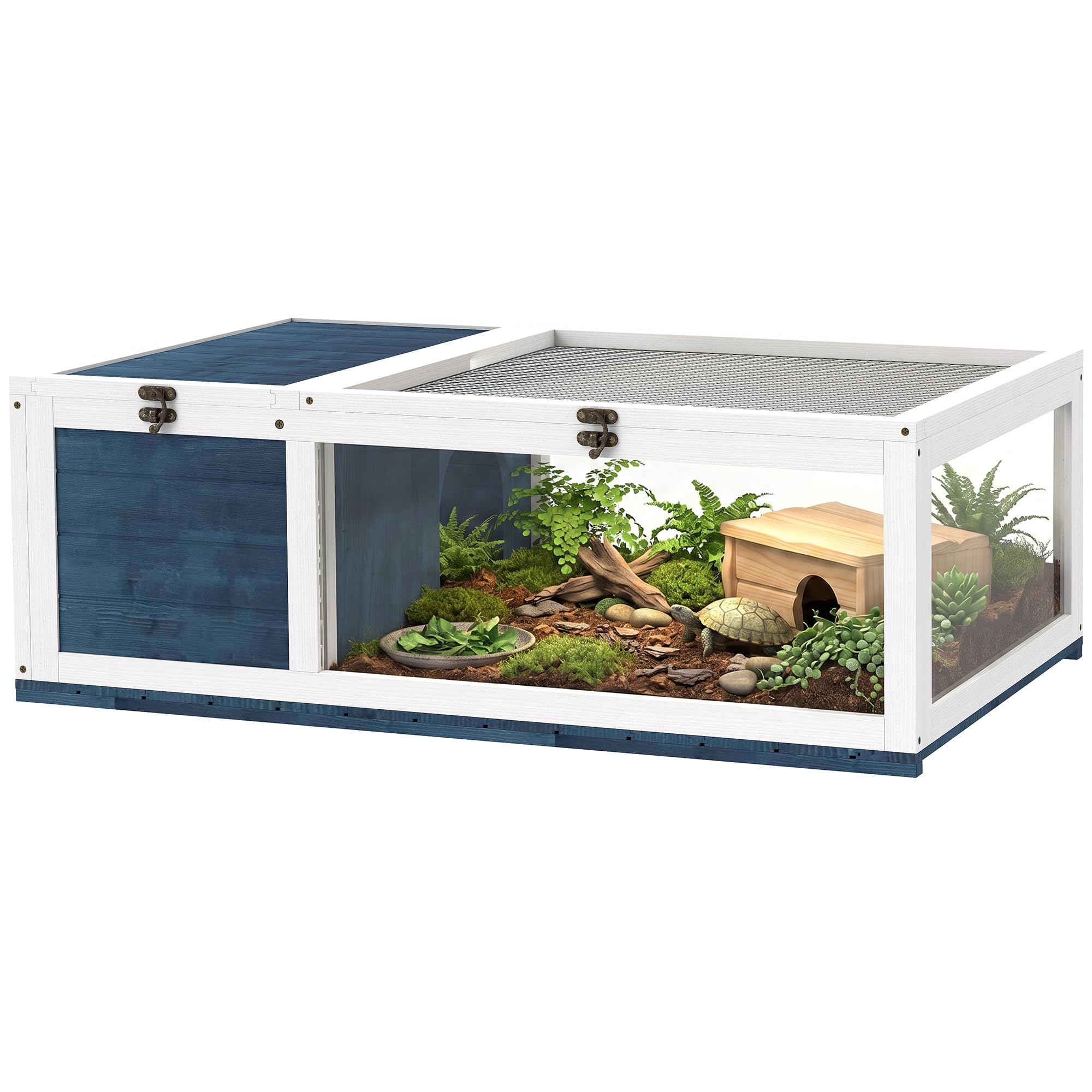 PawHut casa in legno per tartarughe, recinto per tartarughe con case principali, piano incernierato, gabbia per rettili da esterno, terrario per tartarughe, rettili, lucertole, serpenti, blu