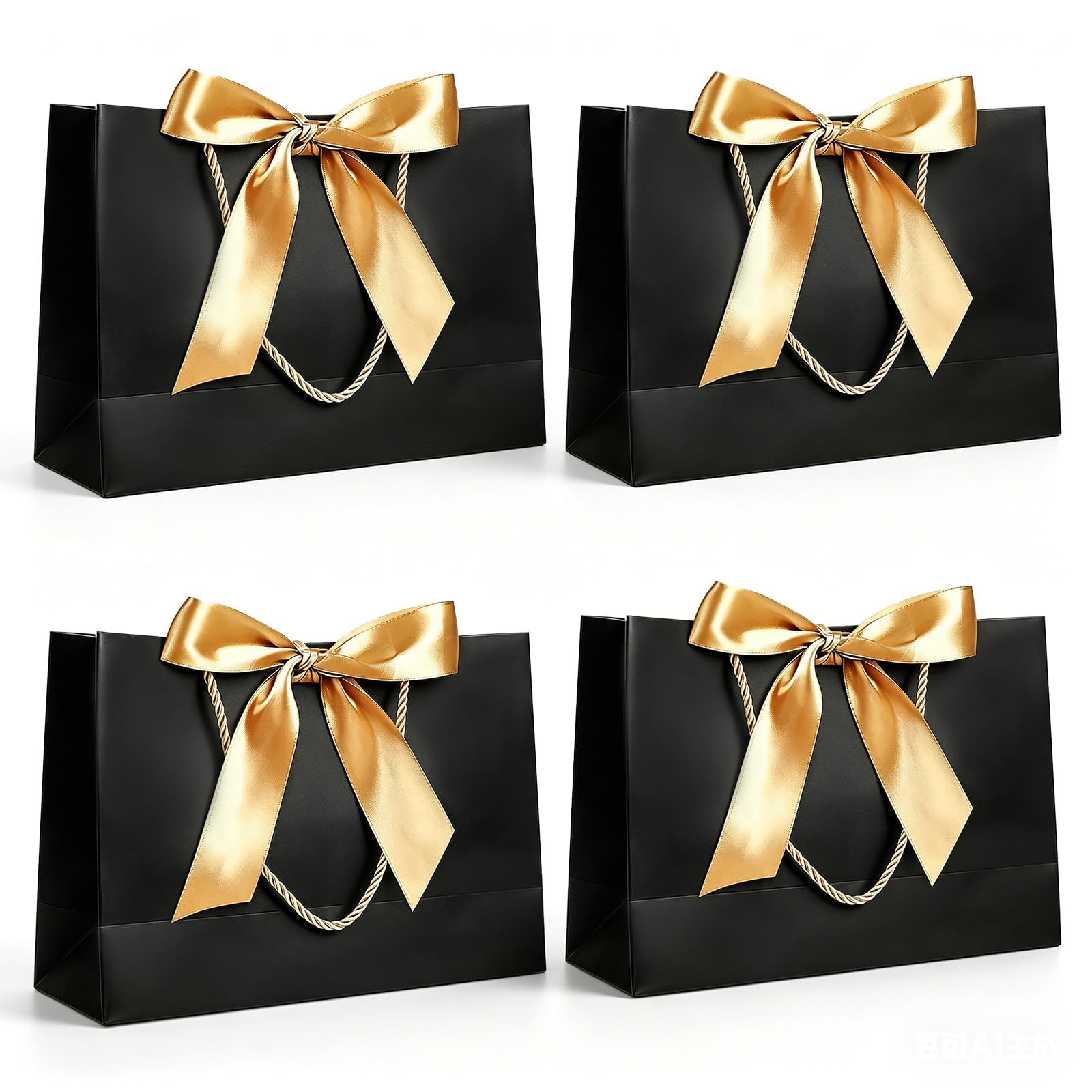 Yiran 4Pcs Medium Black Gift Bag with Greeting Handles and Ribbon for Girls Boys Men Womne Wedding Party Birthday Christmas Valentines Wrapping Bag Decorations Supplies