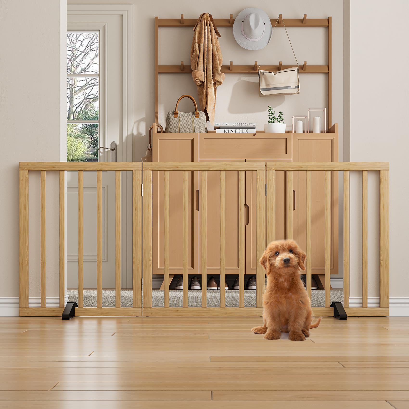 Cancello per cani in legno, altezza 60 cm, autoportante, pieghevole, per interni, cancello per cuccioli, con 2 piedini per apertura (naturale, 3 pannelli)