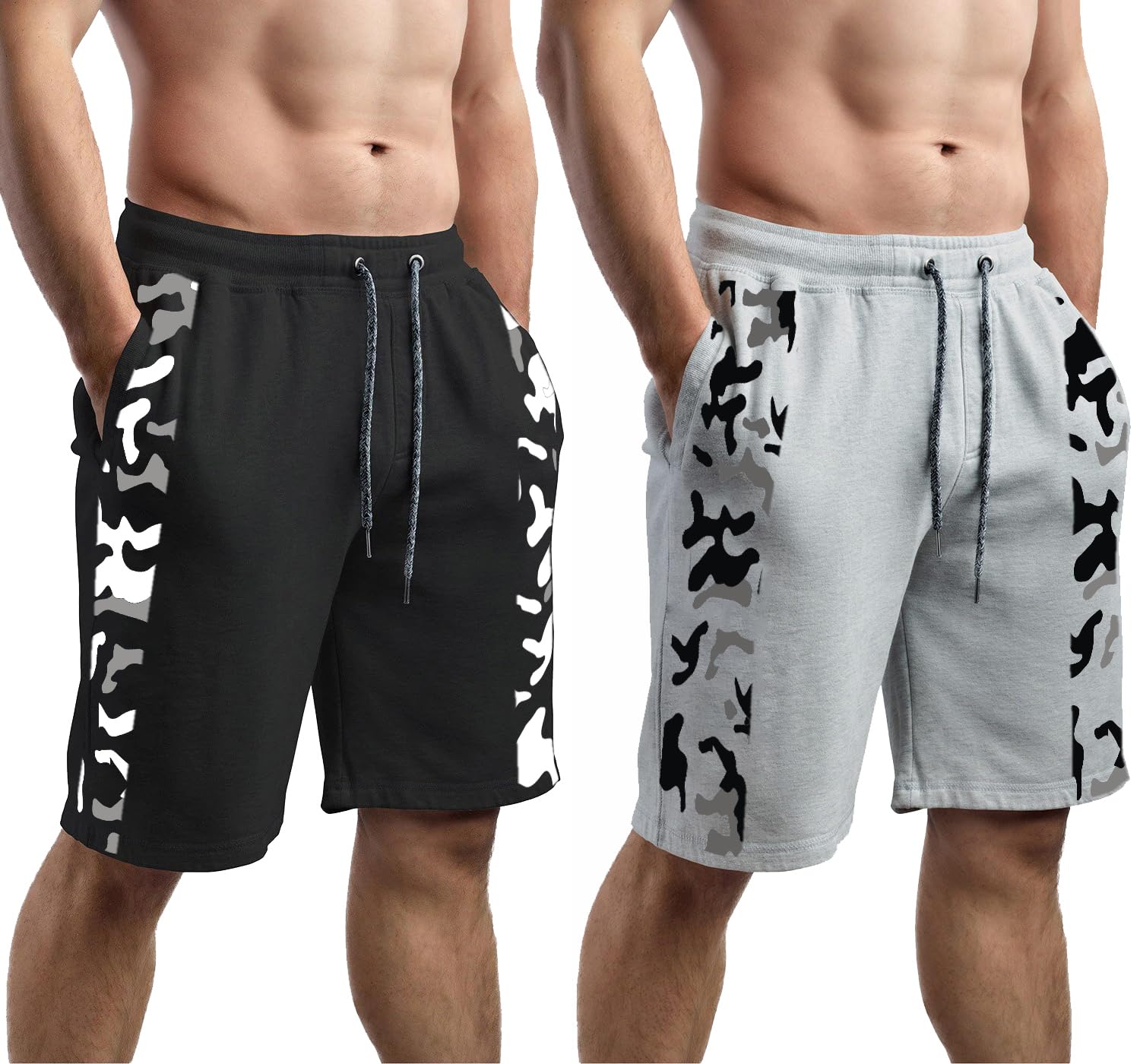 hotfits Men's Self Designed Casual Black & Grey Cotton Regular Shorts, Workout Shorts, Elastic Waist Running Shorts with Pockets Pack of 2 - L-picture-23
