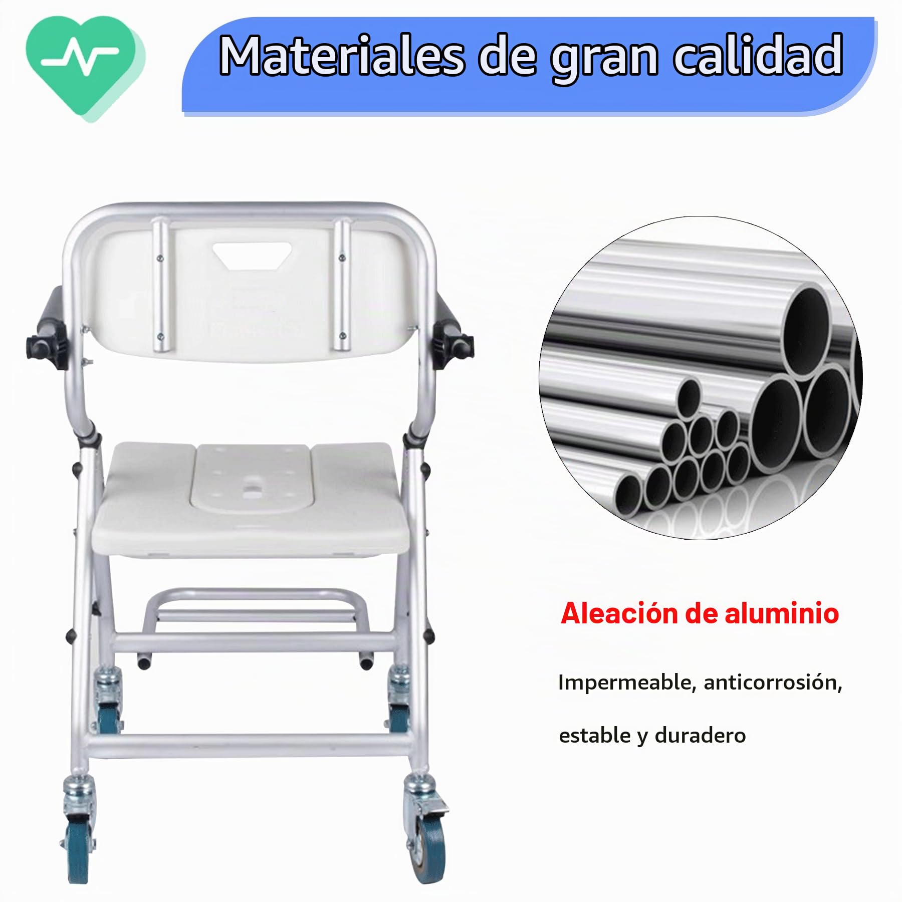 Taburete de Ducha Plegable con Ruedas para Personas Mayores | Taburete de Ducha con Reposabrazos y Respaldo, Sillas de Ruedas para Ducha, Reducir la Actividad para Evitar Lesiones