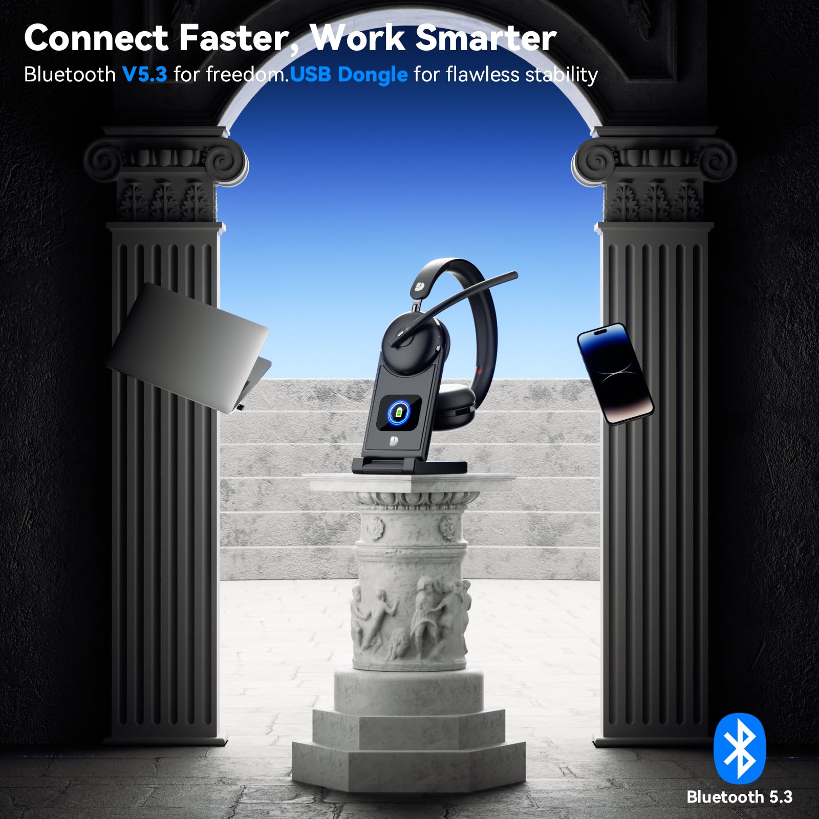 Dytole Cuffie wireless con microfono per lavoro, cuffie Bluetooth 5.3 con microfono a cancellazione del rumore, cuffie wireless con batteria 65 ore e ricarica rapida 10 minuti, dock di ricarica