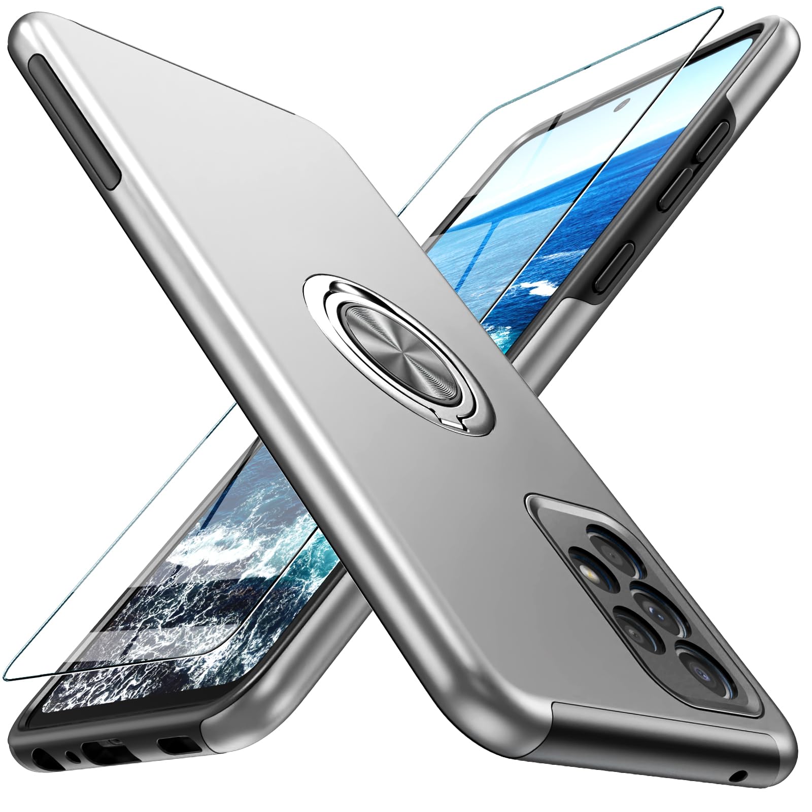 Yamink Case for Samsung Galaxy A52 5G with Screen Protector,Hybrid 2 in 1 Protective Slim Fit Durable Phone Case with Invisible Magnetic Ring Kickstand for Galaxy A52 6.5 Inch,Silver