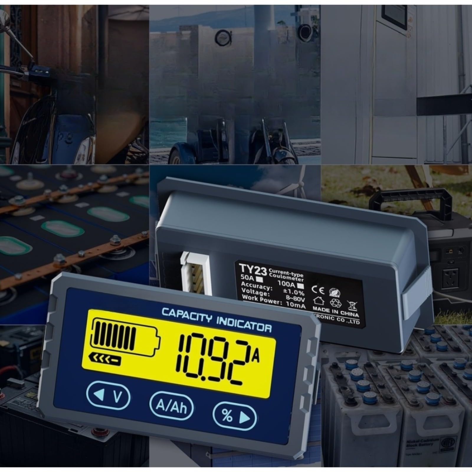 Voltímetro de litio Coulomb Contador 8-120V 0-150A Precisión ± 1,0% Tiempo Real Monitor para Vehículos Eléctricos Resistente al Agua Aluminio