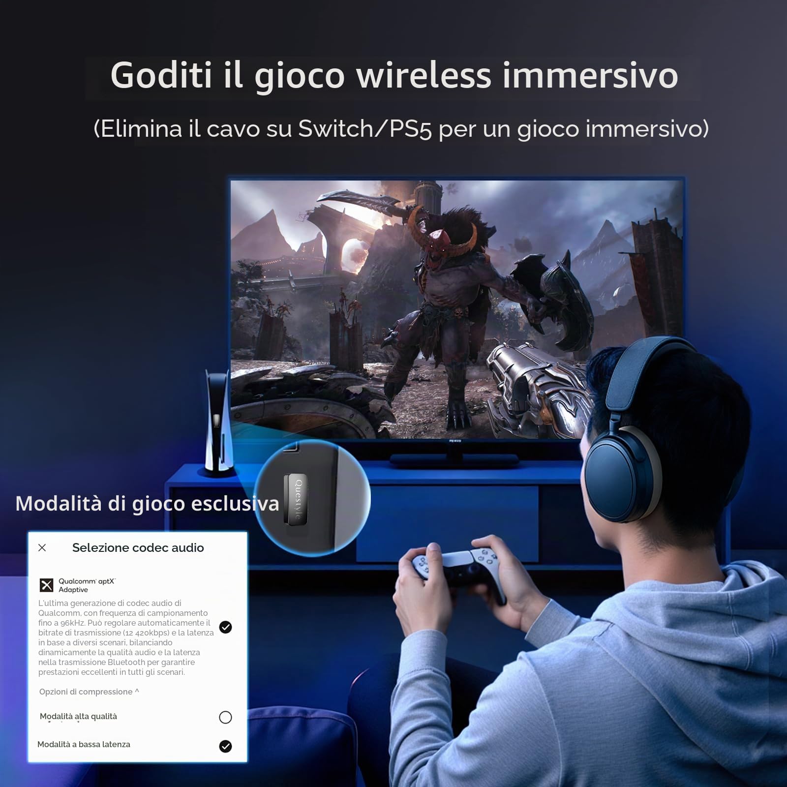 Questyle QCC Dongle Pro Adattatore Bluetooth USB-C, adattatore audio Bluetooth 5.4 con LDAC, aptX Lossless e aptX-Adaptive, trasmettitore wireless senza perdita per collegare cuffie e auricolari