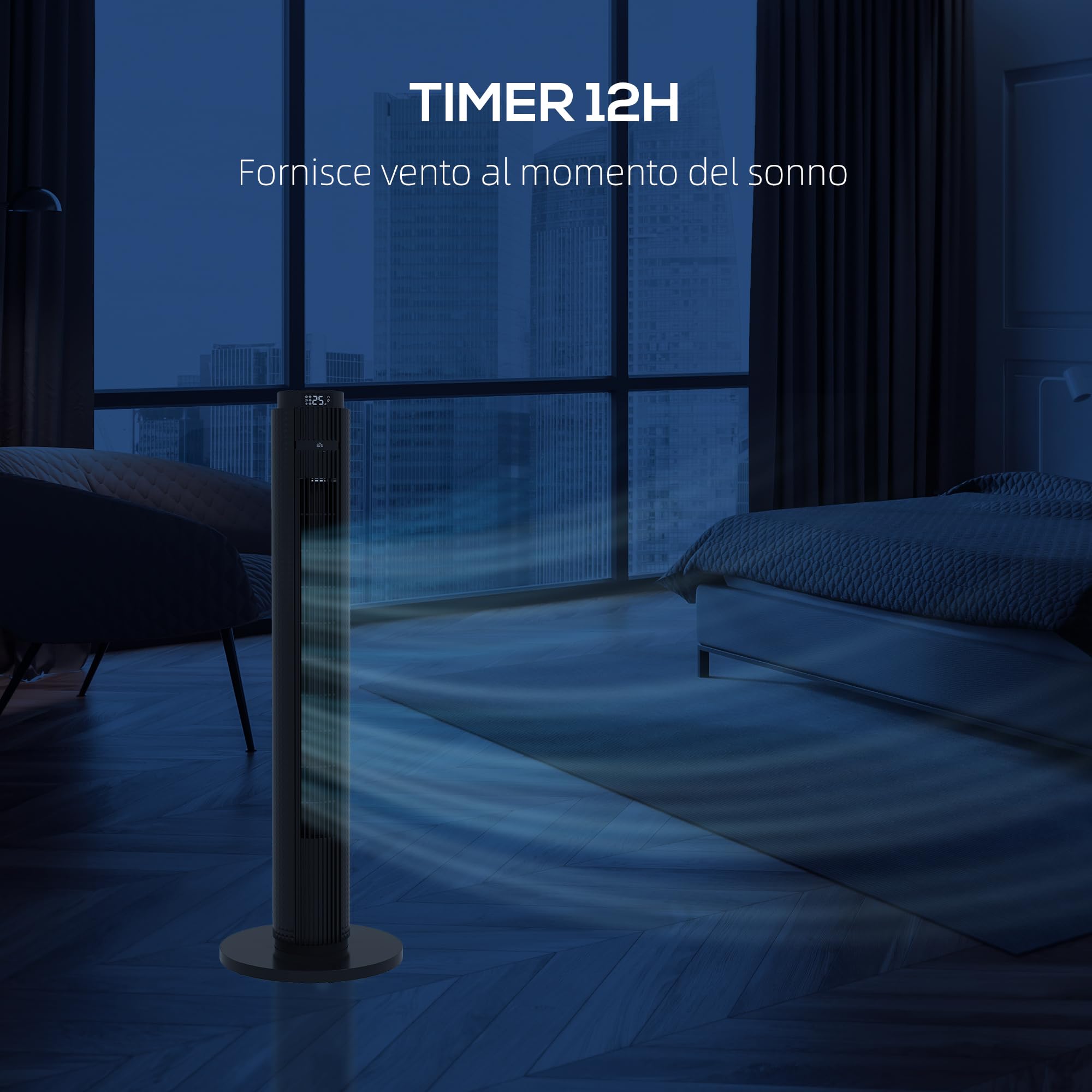 HOMCOM Ventilatore a Torre 45W a 4 Modalità e 3 Velocità con Timer da 12h, Ventilatore da Terra in ABS con Telecomando, Ø31.5x96 cm, Nero