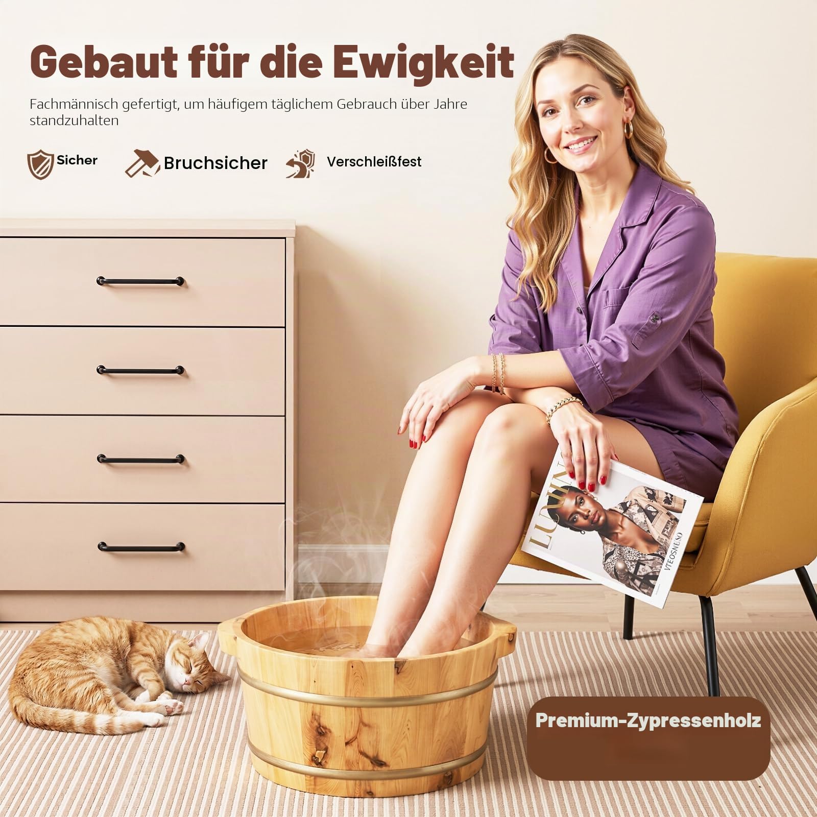 Holz Fußwanne aus Zypresse, Klassische Fußbadewanne für Entspannung und Fußpflege, Natur Holz-Fußbecken, Fussbad Ideal für Sauna und Home Spa, Holzfarbe