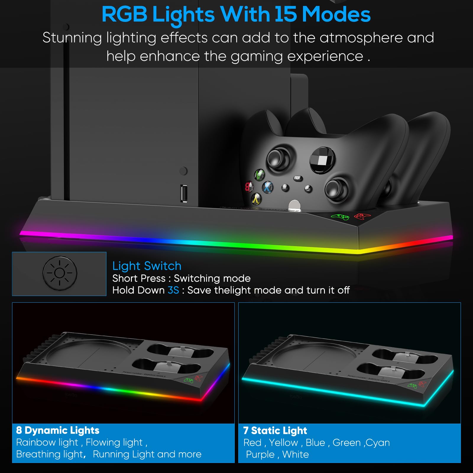 FYOUNG Soporte de refrigeración y estación de Carga mejorados para Consola Xbox Series X y Controlador, Sistema de refrigeración de Ventilador con 15 Luces RGB y 2 baterías Recargables de 1400 mAh