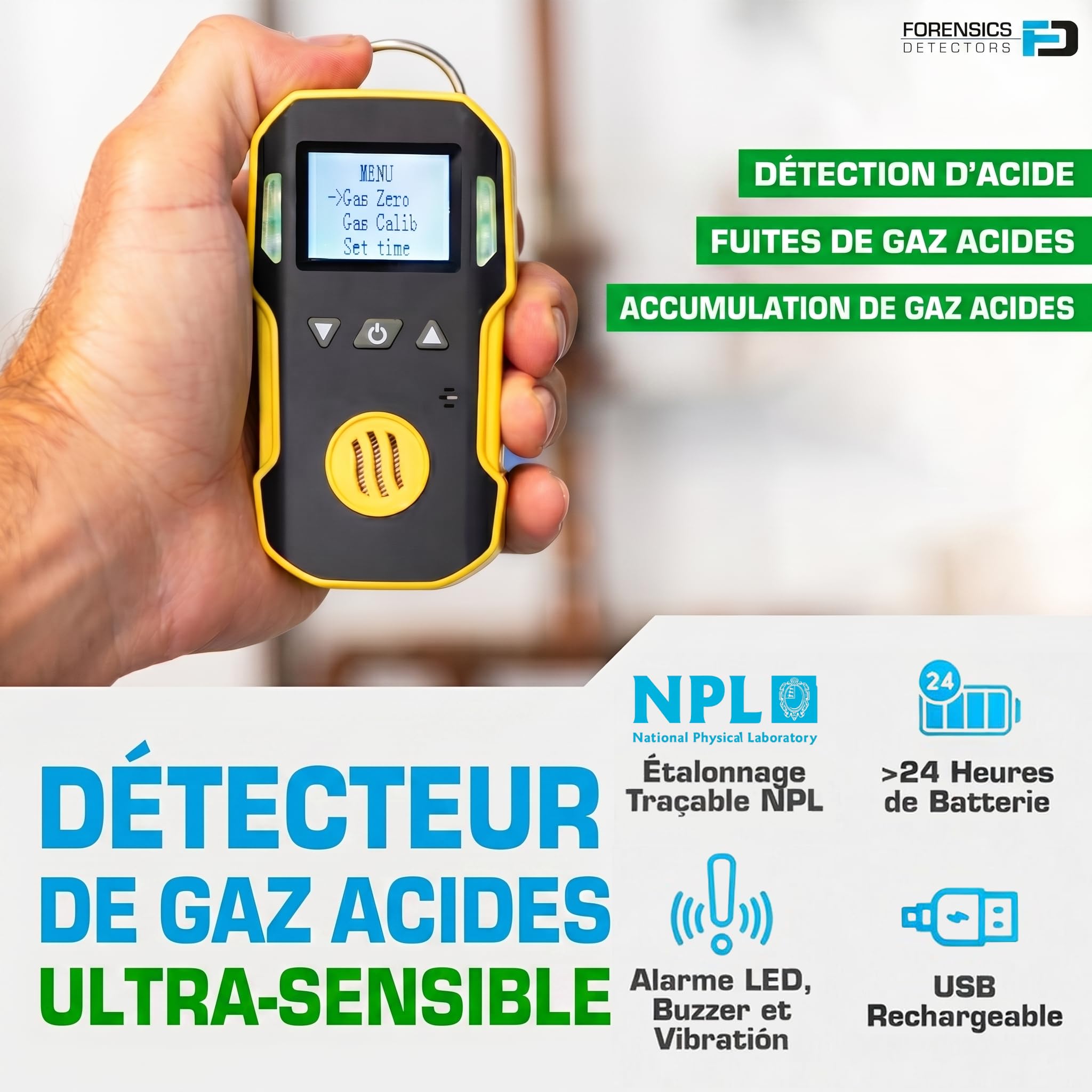 Détecteur de Gaz Acides | Certificat d’Étalonnage UE | Recharge USB | Alarmes Sonores, Visuelles et par Vibration | 0–10 ppm