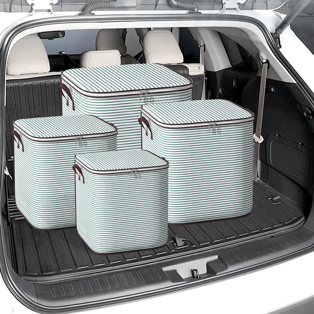 Large Clothes Storage Bins, 4 Pack Foldable Blanket Storage Bags, Storage Containers for with Reinforced Handle and Zippers for Bedroom, Closet, Comforters, Pillows, Toys