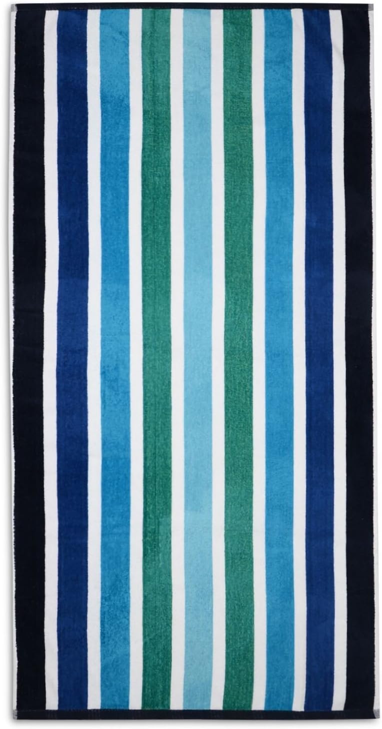 Large Velour Cotton Striped Beach Bath Towels 75x150cm (DESIGN 30 - Blue Green White Stripe)