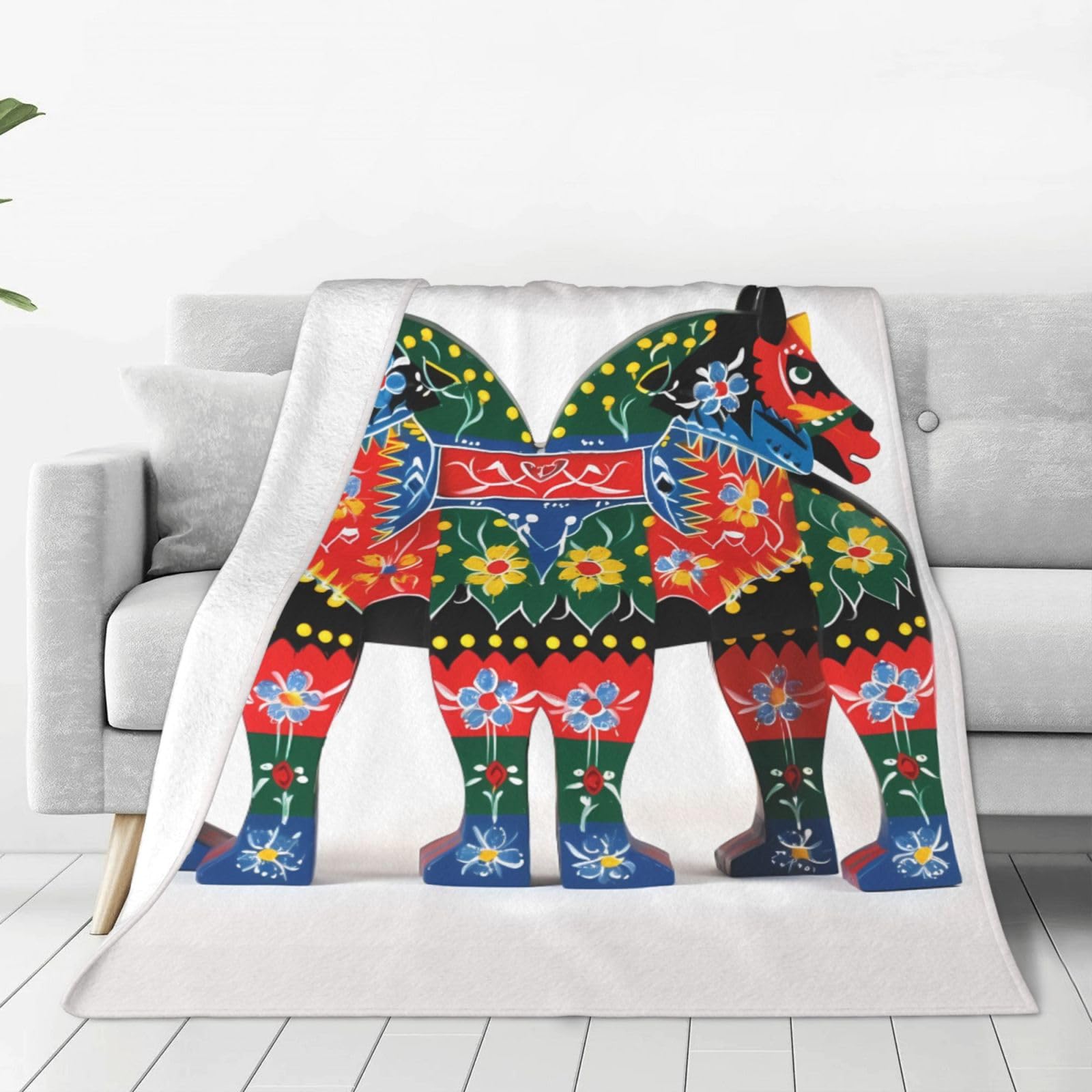 Runner Swedish Dala Horse Folk Throw Blanket 80"x60" Flannel Fluffy Warm Blanket for Couch, Reversible Plush Blankets for Bed, Comfy Fuzzy Blanket for Sofa, Plush Lightweight-Blankets for All Season