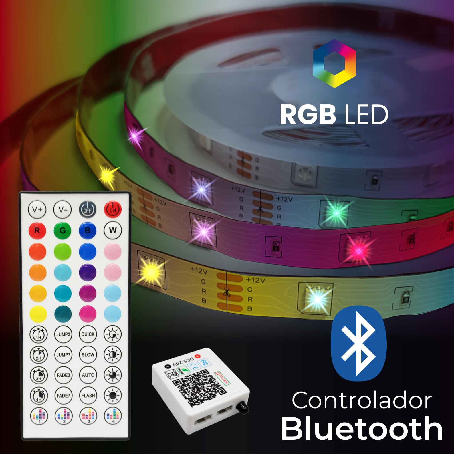 LED ATOMANT 5x Rollo 5m de Tira Luz LED Bluetooth RGB 12V APP y Mando | Sincronizacion musical, Modos dinamicos, 16 millones de colores