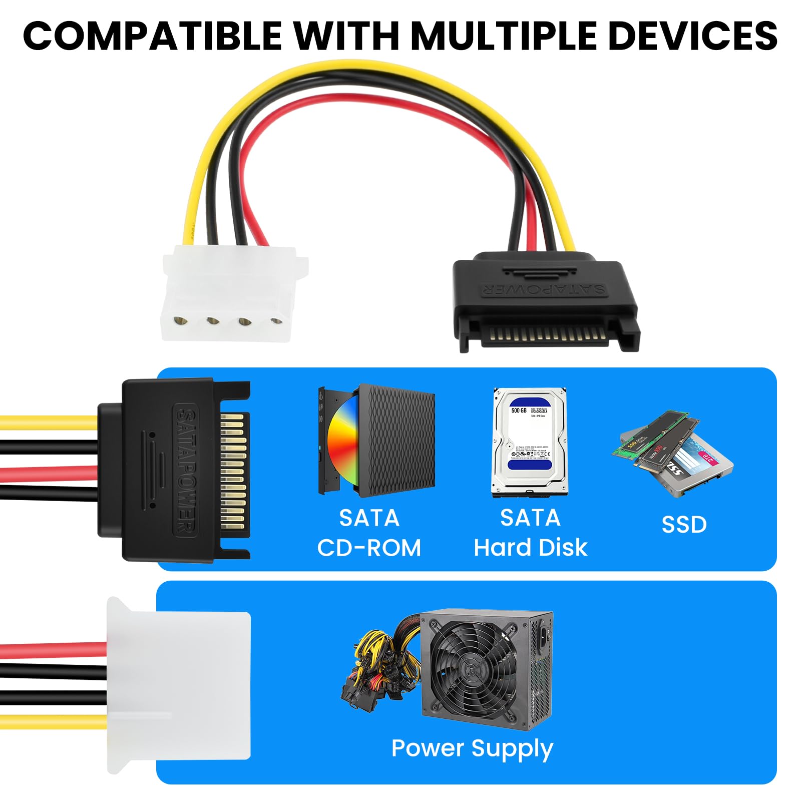 SDTC Tech 3 szt. SATA męski na 4-pinowy Molex żeński kabel zasilający kabel szeregowy ATA przedłużacz do 3,5-calowych dysków HDD/SSD/SD ROM (20 cm)