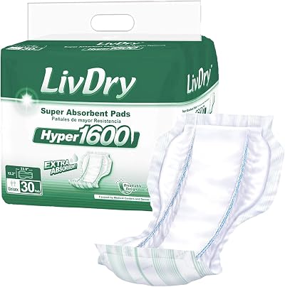 LivDry High Absorbency Pad Insert for Incontinence Briefs and Adult Diapers, Women and Men, Hyper 1600 (30 Count)