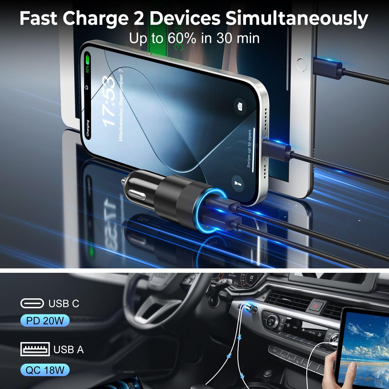 Paquete de 6 cargadores de coche USB C, 38 W dual USB-C + USB-A, adaptador de cargador de coche de carga rápida PD/QC 3.0, adaptador de encendedor de cigarrillos, enchufe USB para iPhone 17/16/15/14