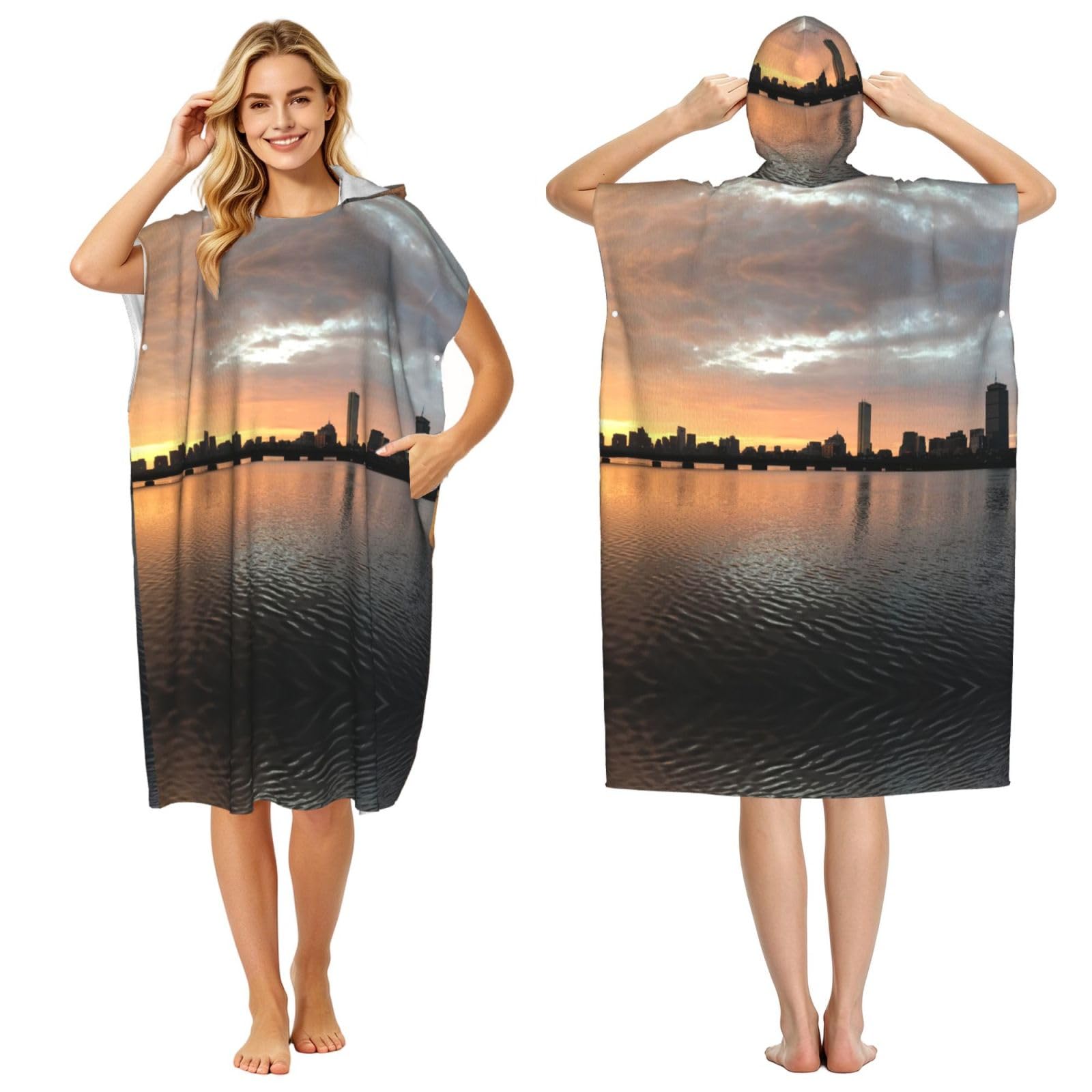 ESNAIUVCD City Sunset Print Changing Robe, Hooded Towel Poncho For Swimming Pool, Beach,Quick Dry Light Weight Towelling Poncho