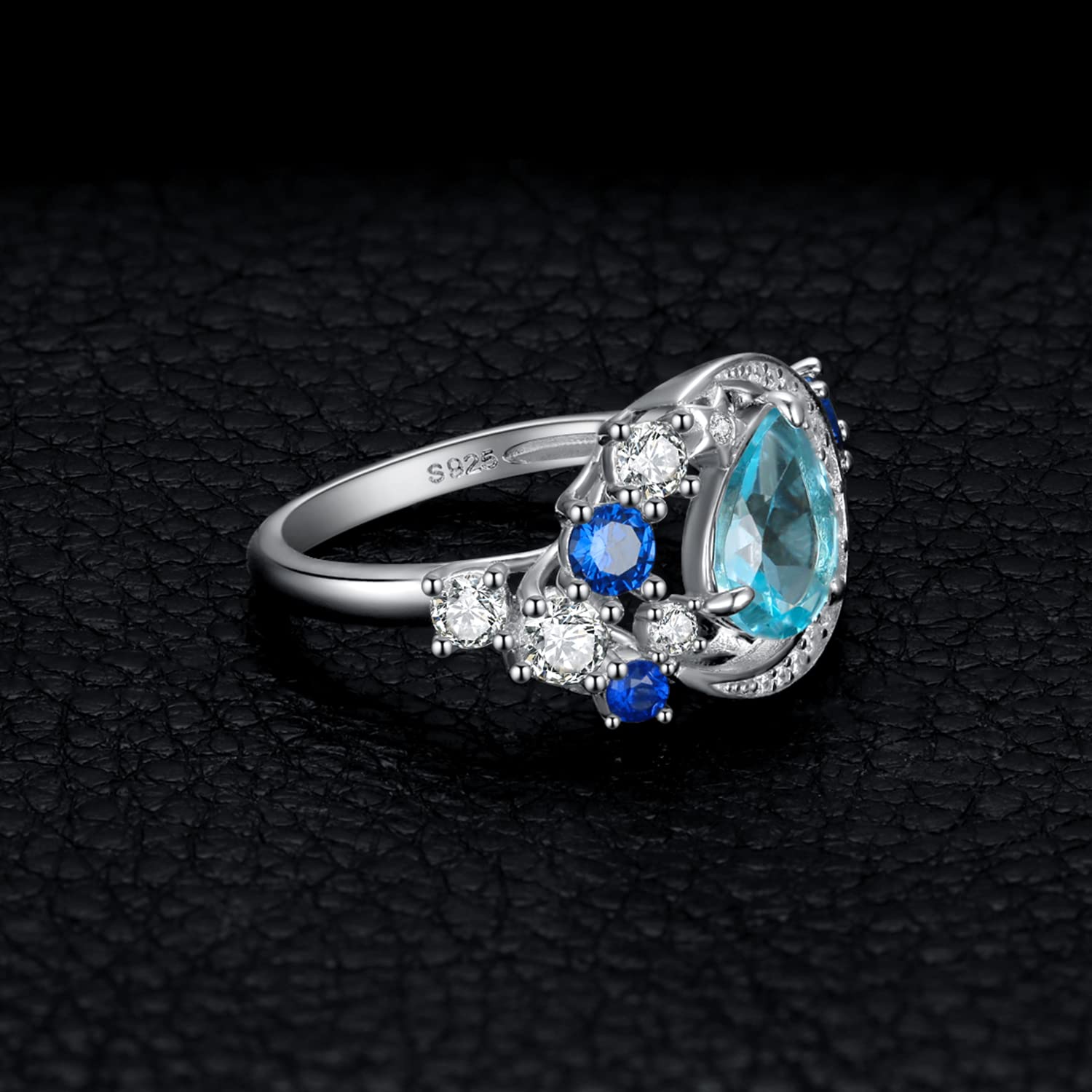 JewelryPalace Luna Estrella Anillo Plata Mujer con 2ct Topacio Azul Cielo Natural Corte Pera, Anillo de Cóctel Plata de Ley 925 Zafiro Azul, Anillo Niña Piedra Preciosa Gota de Agua, Conjunto Joyas
