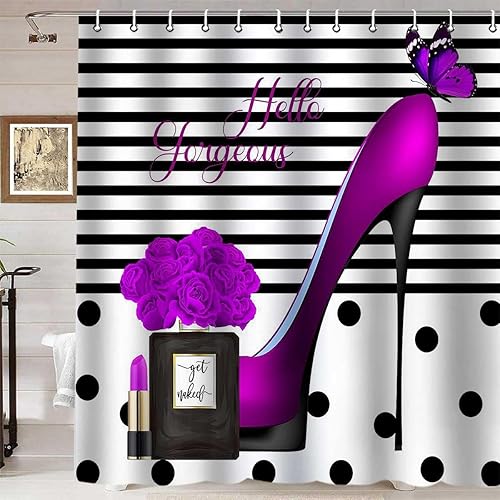 Cortina de ducha de tacones altos morados, Hello Gorgeous Perfume a rayas blancas y negras, lápiz labial de mariposa rosa, maquillaje moderno de