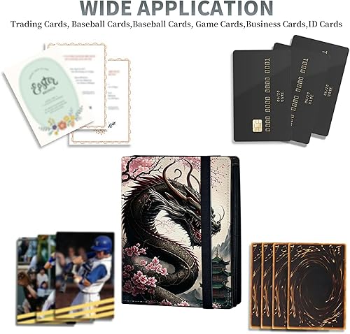 Miniatura 5 de Carpeta de tarjetas con diseño de flor de cerezo de dragón, 4 bolsillos para álbum de tarjetas, carga lateral, 320 bolsillos, tarjetero de