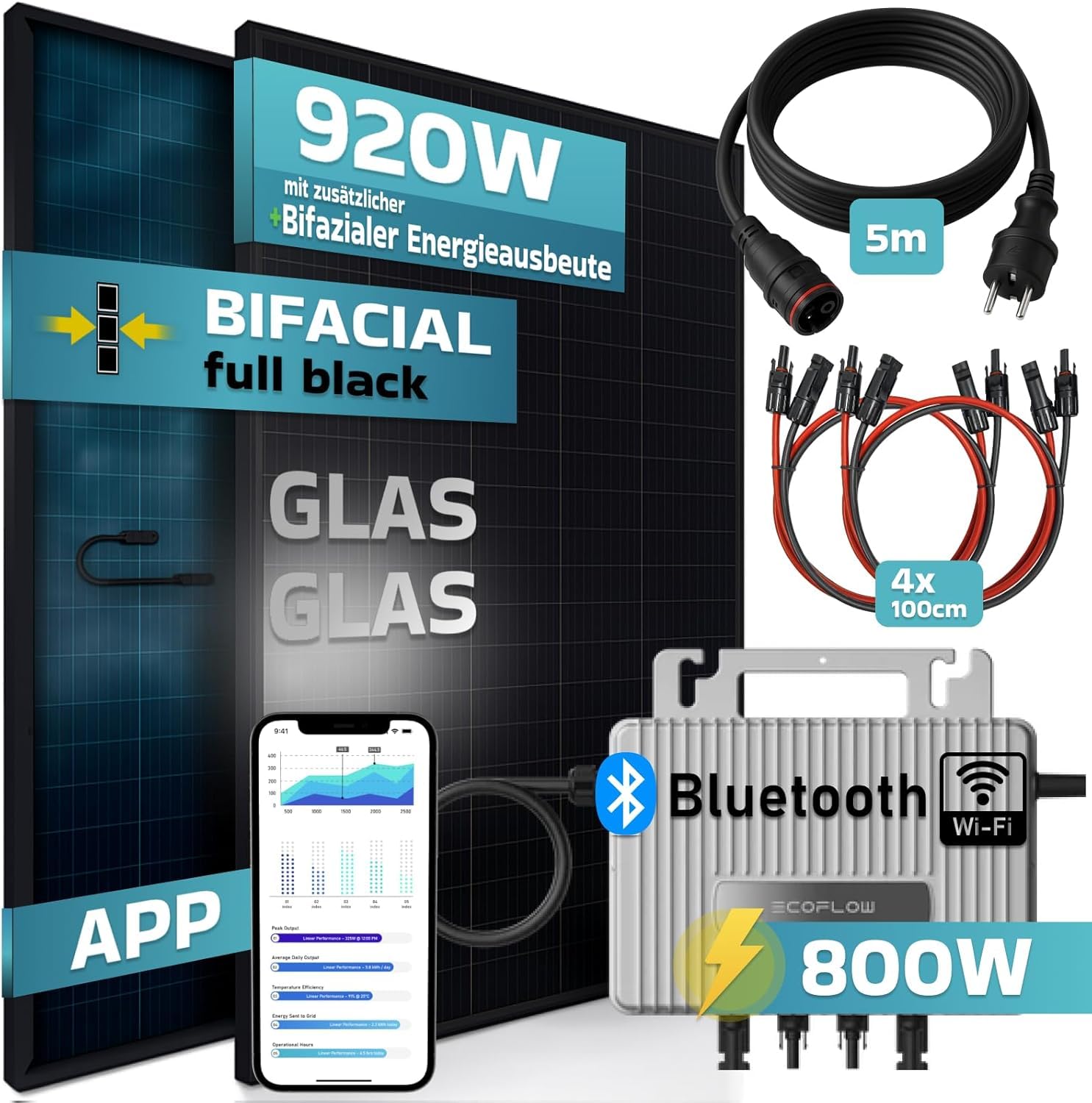 Balkonkraftwerk 920W BIFAZIAL FULLBLACK ECOFLOW 800W Inverter Photovoltaik Solaranlage Steckerfertig WIFI Smarte Mini-PV Anlage, Photovoltaikanlage Solarpanel Solarmodul