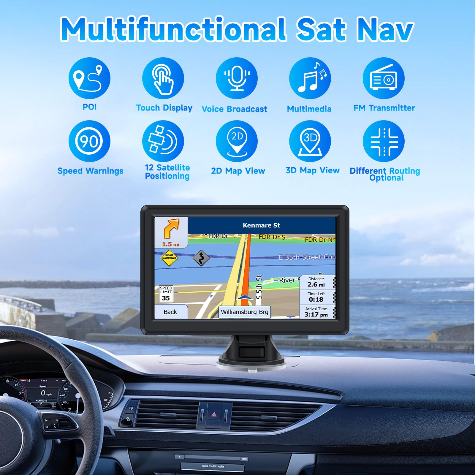 7 inch Sat Nav, Car GPS Navigation System for Trucks, with UK and Europe Maps, Lifetime Free Updates, Support Postcode Search and Voice Guidance, Speed Camera Alert, Lane Guidance Assist, POI — view 6