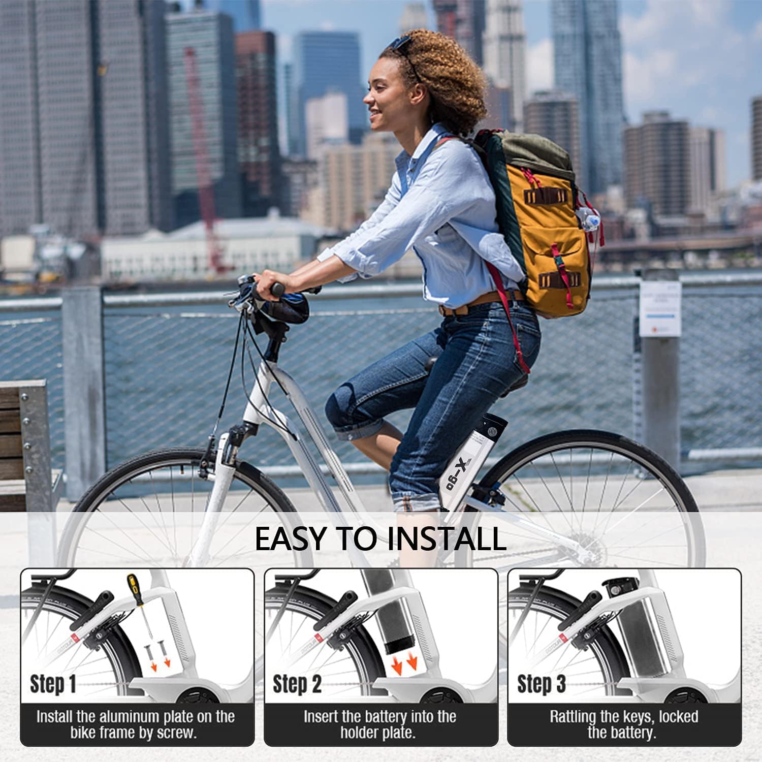 X-go Ebike Batería, 36V 15AH batería de Bicicleta eléctrica e-Bike batería de Litio de 2 Puertos con Cargador, Cierre Seguro, luz indicadora led para 350W 250W 100W Motor (36V 15AH 2 Port)