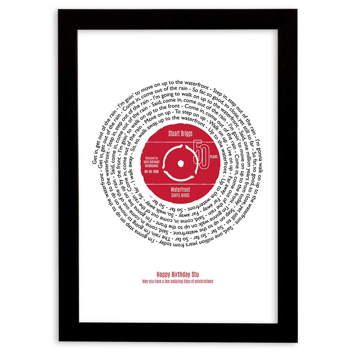 Not Just A Print Black And Red 50Th Birthday Personalised Print Of Song Lyrics In Vinyl Record | #1 Day Born Or Favourite Song