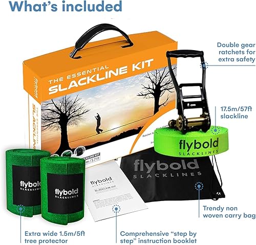 Miniatura 3 de flybold Slackline Kit  Línea de holgura más larga de 57 pies con protectores de árbol y bolsa de transporte  Líneas de cuerda apretada para patio
