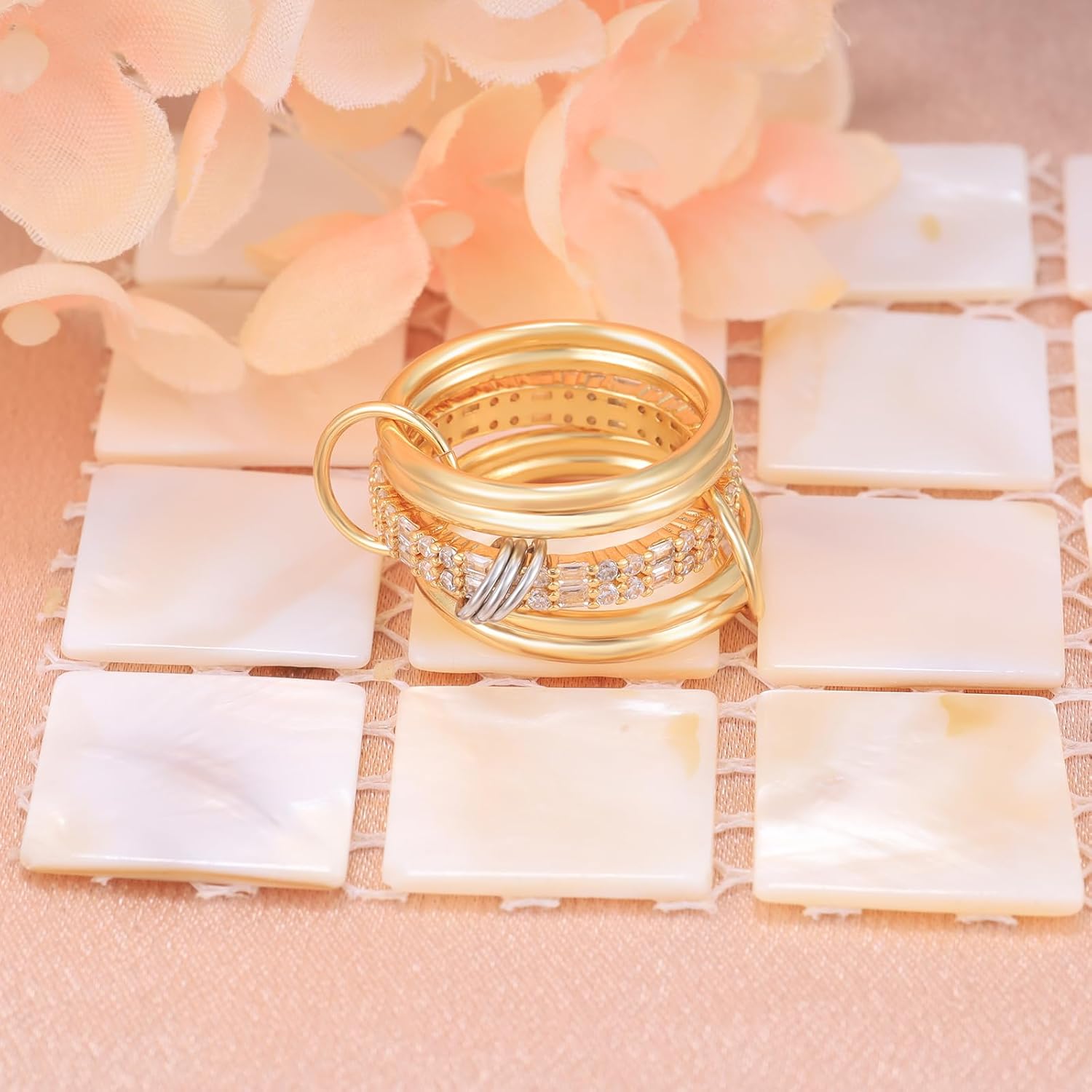 Gold Stackable Rings for Women 14K Gold Plated Hypoallergenic Interlocked Bands Stacking Jewelry Gold and Silver Cubic Zirconia Statement Mixed Metals Stack Rings Set Non Tarnish - Image 4