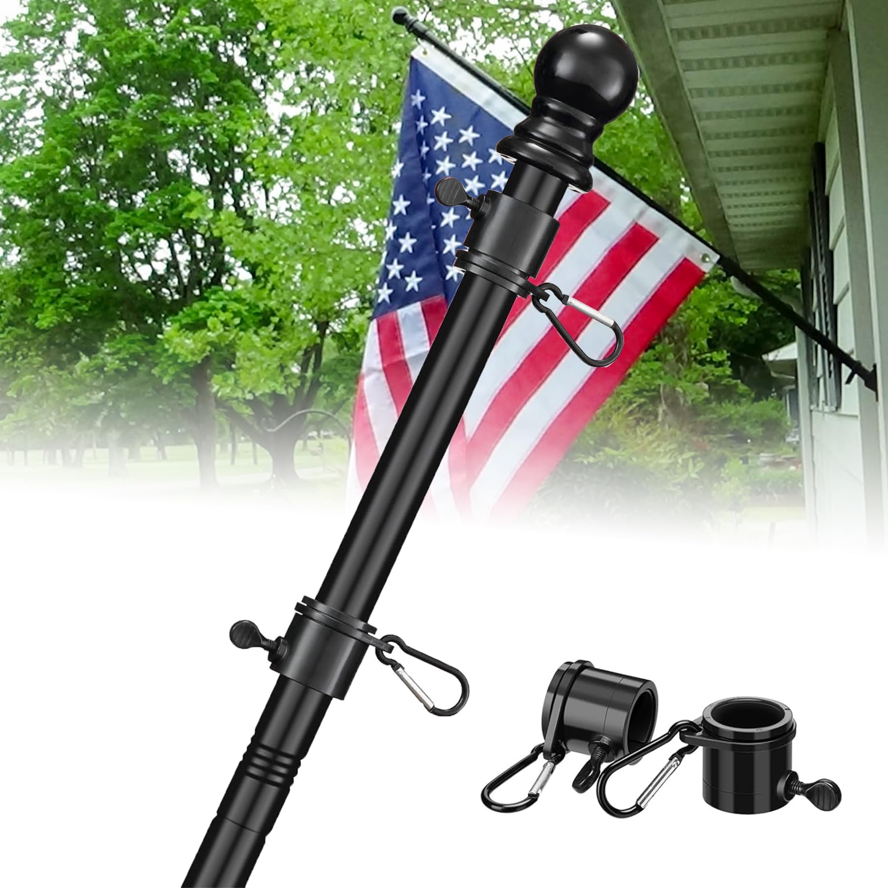 Flag Pole for Outside House - 6ft Heavy Duty Metal Flag Poles Kit for 3x5 American Flags Outdoor, Tangle Free House Flagpoles Residential for Porch,Truck,Boat - Black