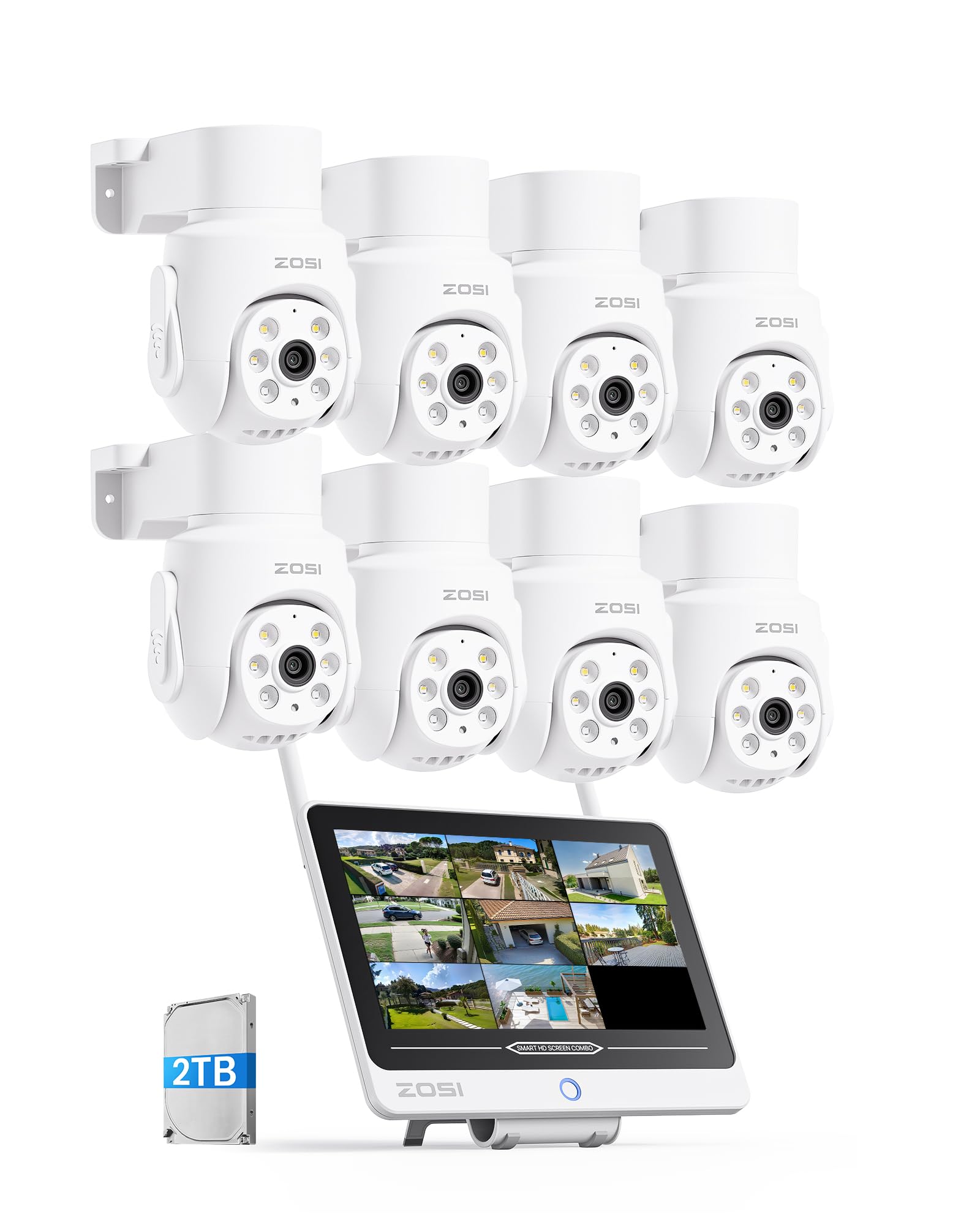 ZOSI 5MP Telecamera di Sorveglianza per Esterno, 8CH 2TB NVR con 12” Monitor, 8x Telecamera WiFi 6 Pan &Tilt, Audio a 2 Vie, Rilevamento Persone AI, Visione Notturna a Colori, C280