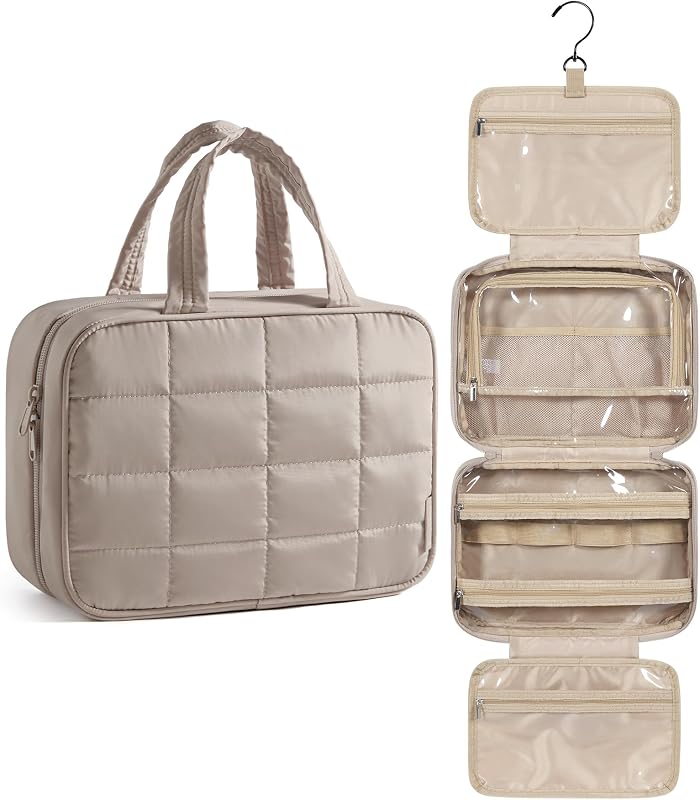 Necessaire de viagem BAGSMART com gancho giratório, organizador para cosméticos e itens de higiene, Camel-3