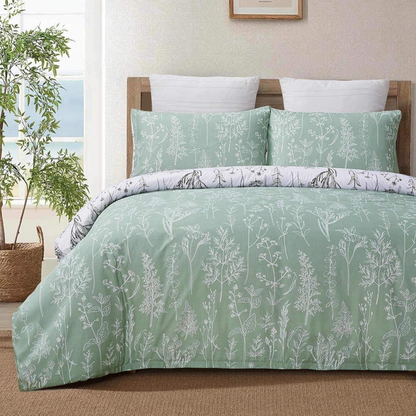 YEPINS Soft Duvet Cover Set King Size with Zipper Closure and Corner Ties, Reversible Design Floral Branch Printed Pattern, Green and White Colour, 3 Pieces Bedding Set, Brushed Microfiber โ image 1