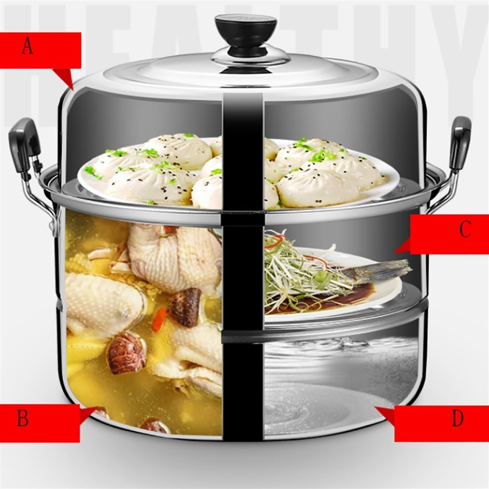 Grande pentola a vapore in acciaio inox a 2 strati per fornelli a induzione e fornelli a gas, design ispessito per uso alimentare, 38 cm