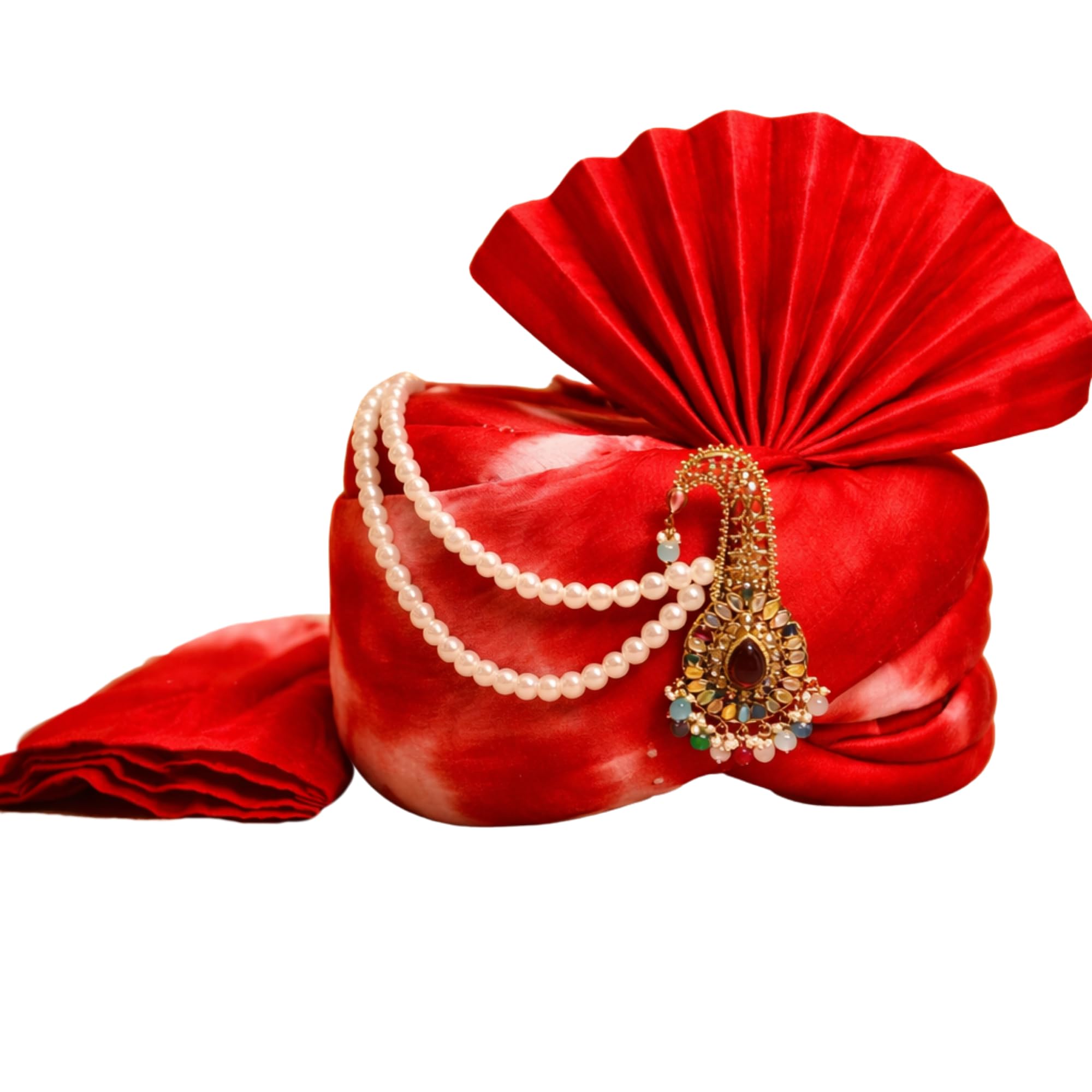 Tie-Dye Ruby Red Wedding Safa for Groom | Royal Pleated Turban with Pearl Chain & Kalgi | Traditional Groom Pagdi-image-5