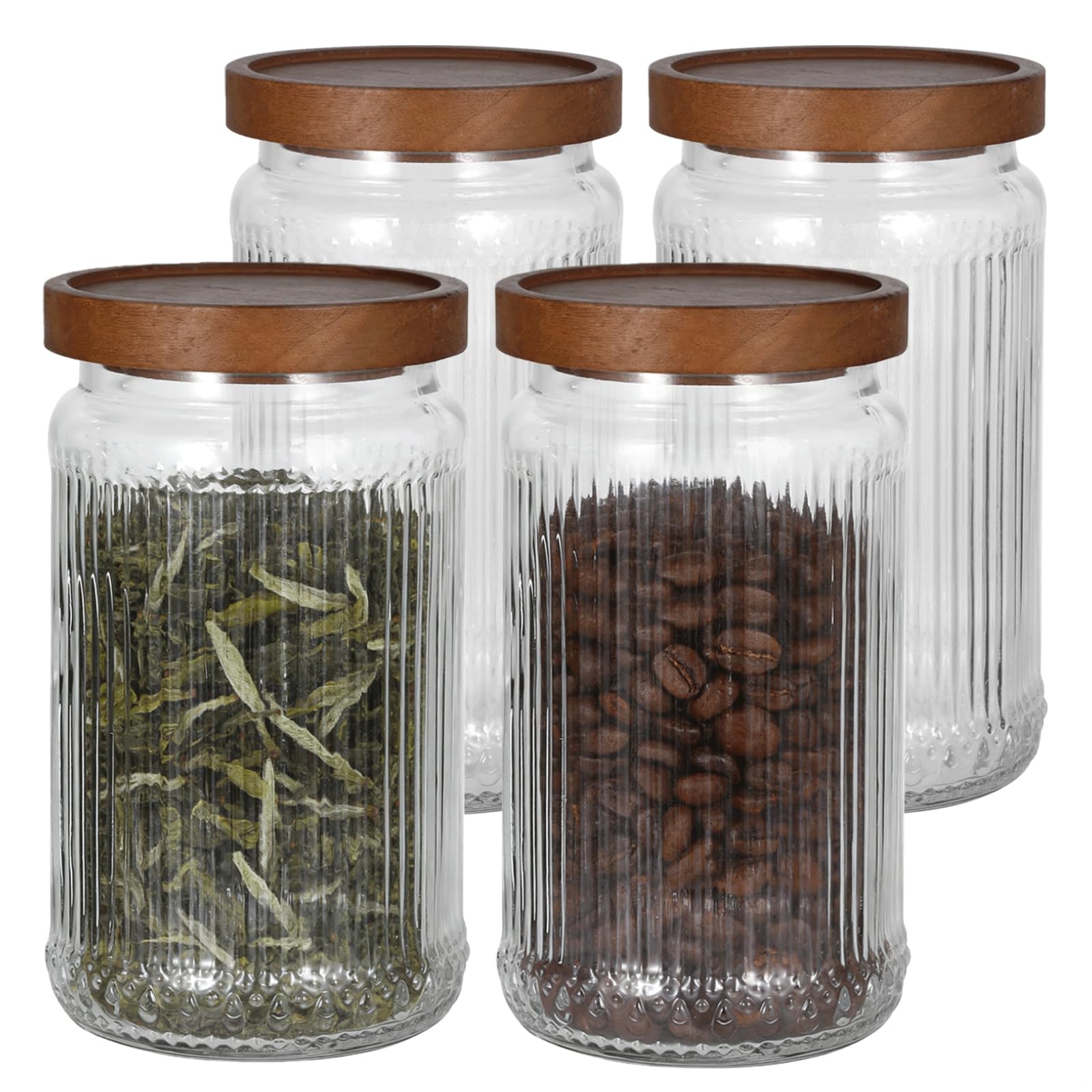 Geriffelte Gläser mit Holzdeckel, 900 ml, 4 Stück, groß, luftdicht, Vintage-Frischhaltedosen für Getreide, Kaffeebohnen, Tee, Zucker,
