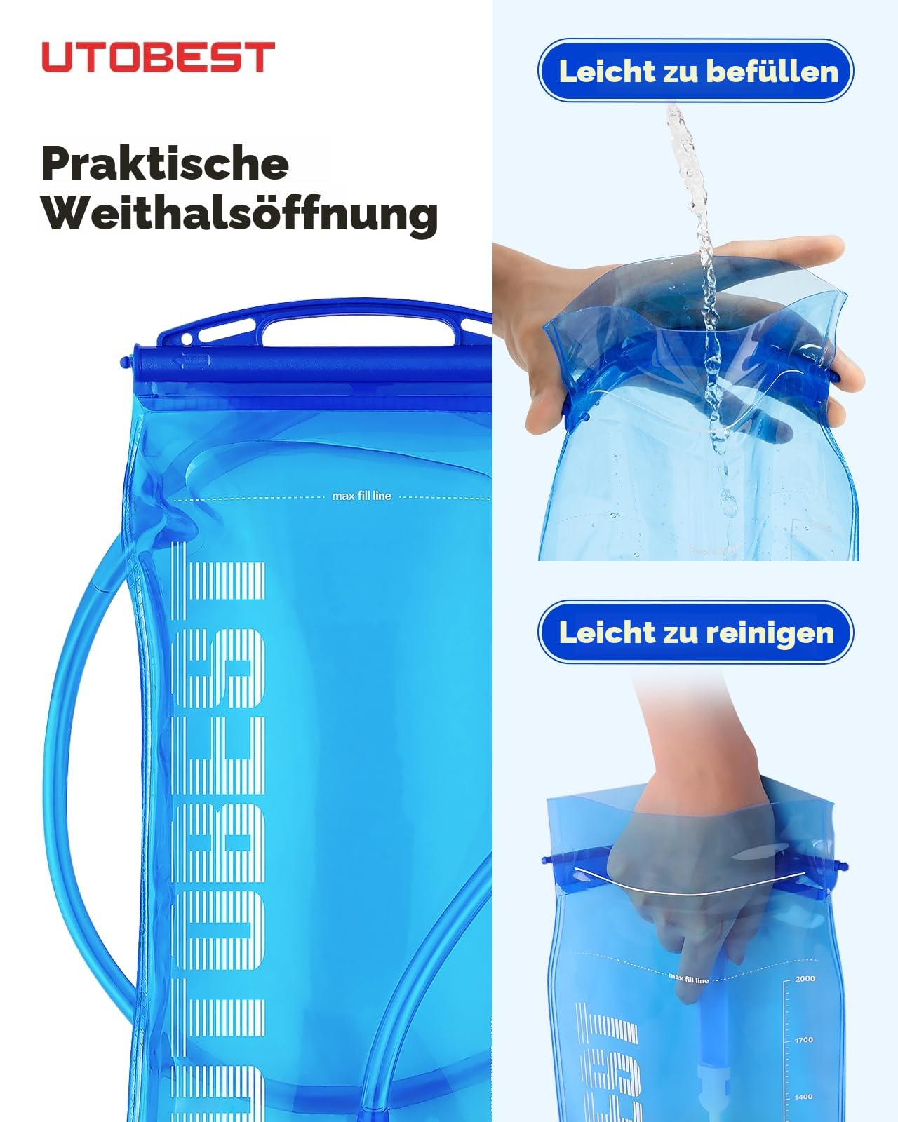 UTOBEST Trinkblase 1L/1,5L/2L/3L Wasserblase für Trinkrucksack, BPA-frei Auslaufsicher Wasserreservoir für Laufen, Wandern, Radfahren