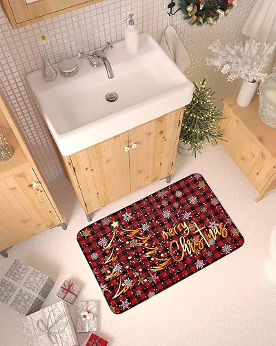 Vista 348 de Tapete de Feliz Navidad, tapete antideslizante para puerta delantera, baño, cocina, dormitorio, patio, entrada, 16 x 24 pulgadas, rojo, negro y verde