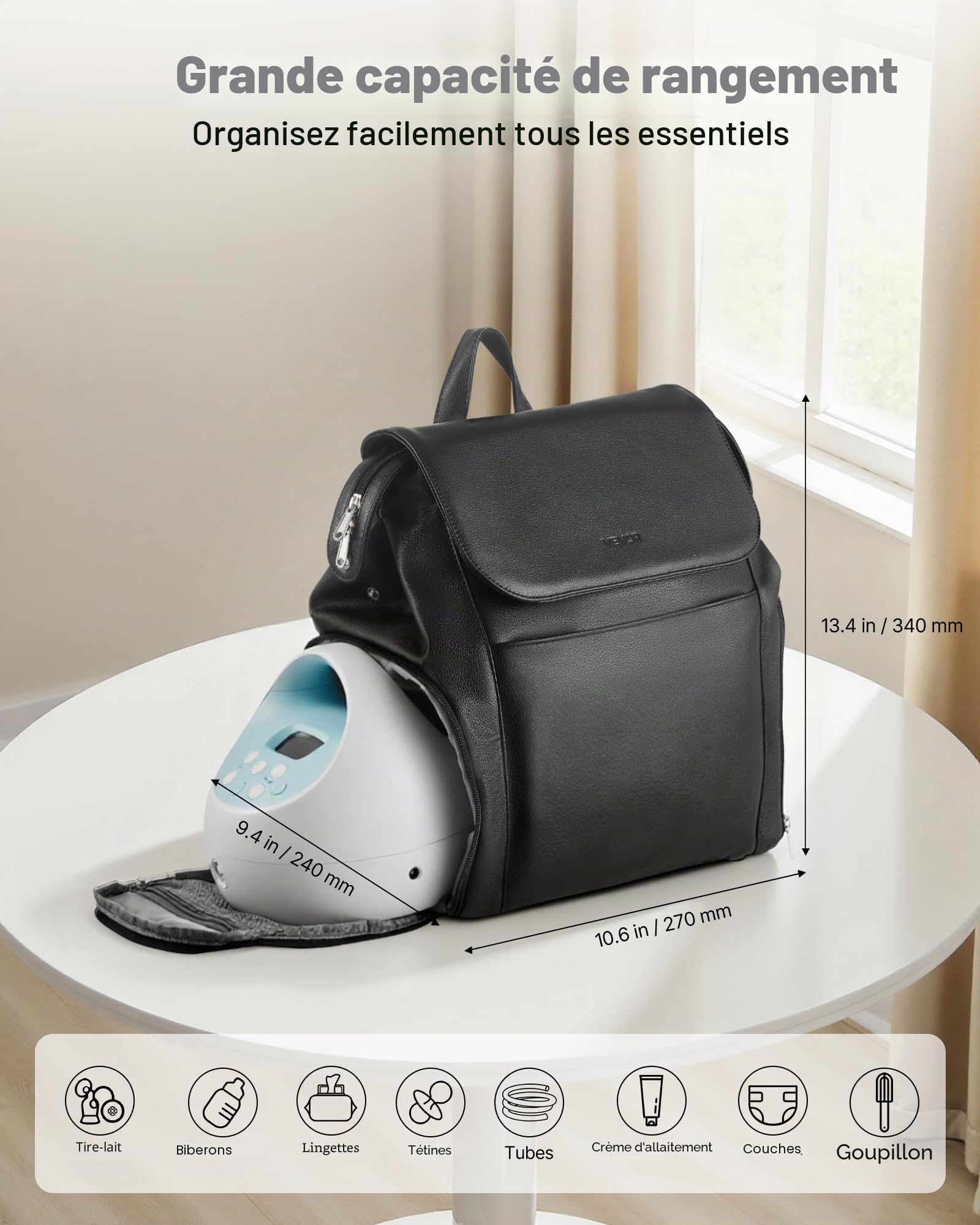 VEVOR Sac à Dos pour Tire-Lait S1/S2 Sac Isotherme Conservation Lait Maternel Portable avec Pain de Glace, Tapis Imperméable, Étui de Transport pour Stockage de Biberons Lait, Travail, Voyages, Noir