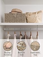 Vista 3 de StorageWorks Canastas de Mimbre de Hierba Marina para Organizar, Cesta de Mimbre Mediana con Tapa, Cesta Decorativa con Asas Integradas