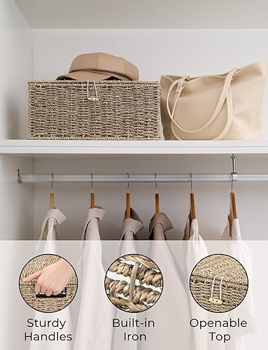 Miniatura 10 de StorageWorks Canastas de mimbre para organizar, cesta grande de mimbre con tapa, cesta decorativa con asas integradas, cestas de almacenamiento para