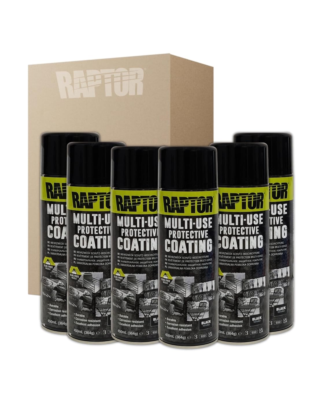 6 X Spray Pintura Raptor 1K Negro 450 Ml
