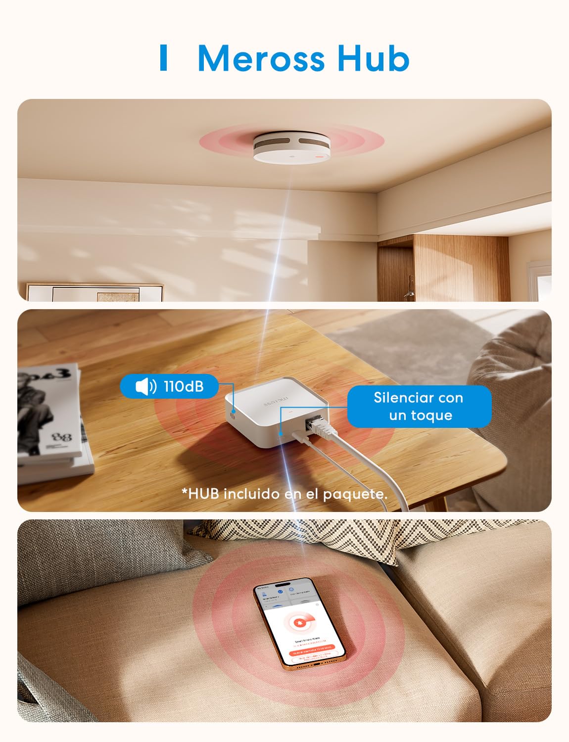 Meross Matter Detector De Humo Conectado, Alarma De Incendios WiFi Inteligente con Doble Sensor Óptico, Alarma De Fuego con Notificación App, Detector De Humos, 33 mm, con Hub MSH450, 1 Unidad